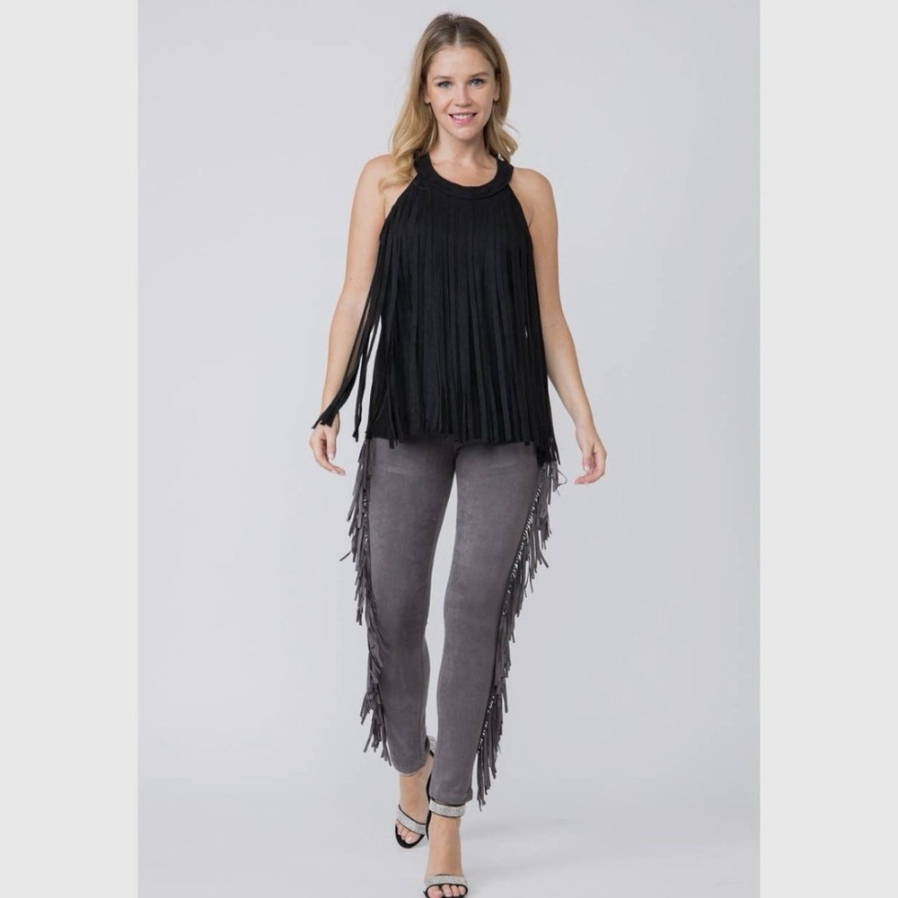 Black Fringe Faux Suede Sleeveless Top - Picture 4 of 6